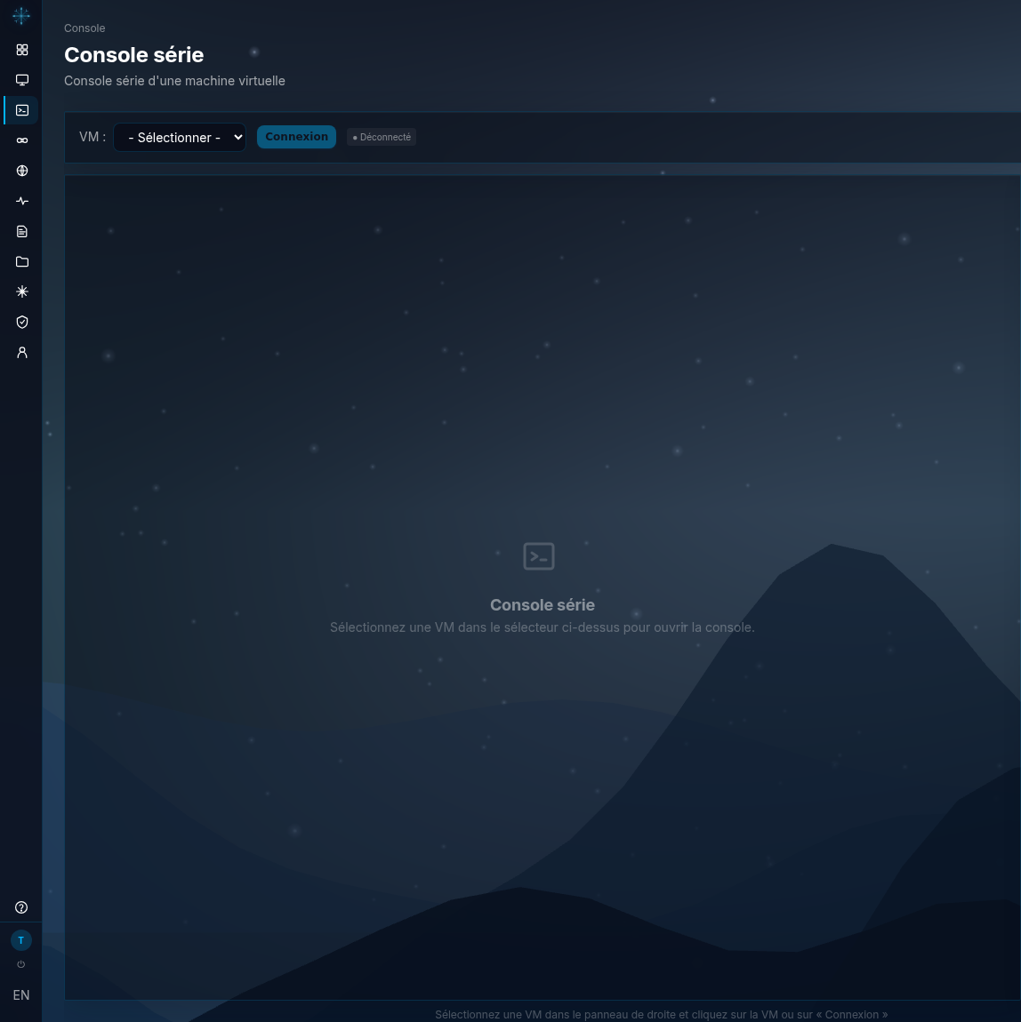 Page Console série : sélecteur de VM et bouton Connexion, état Déconnecté