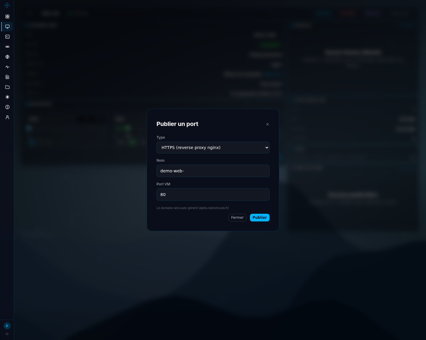 Modale de publication ouverte, type réglé sur HTTPS, avec le champ de nom et le champ de port