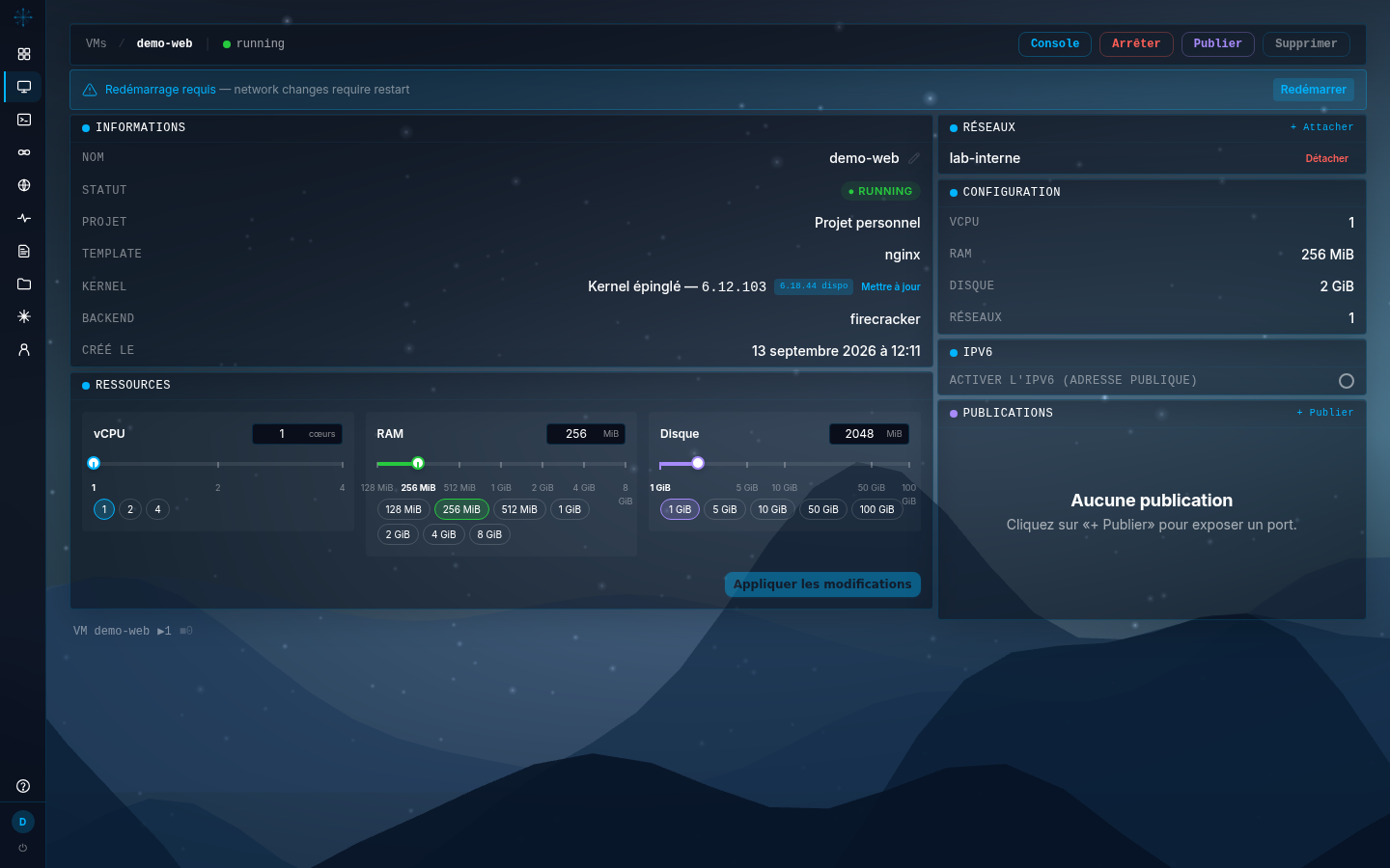 Fiche de la VM site-vitrine : bandeau « Redémarrage requis » suivi de la raison « network changes require restart », avec un bouton « Redémarrer », puis les panneaux INFORMATIONS et RESSOURCES, le panneau RÉSEAUX listant « reseau-interne » avec un bouton « Détacher »