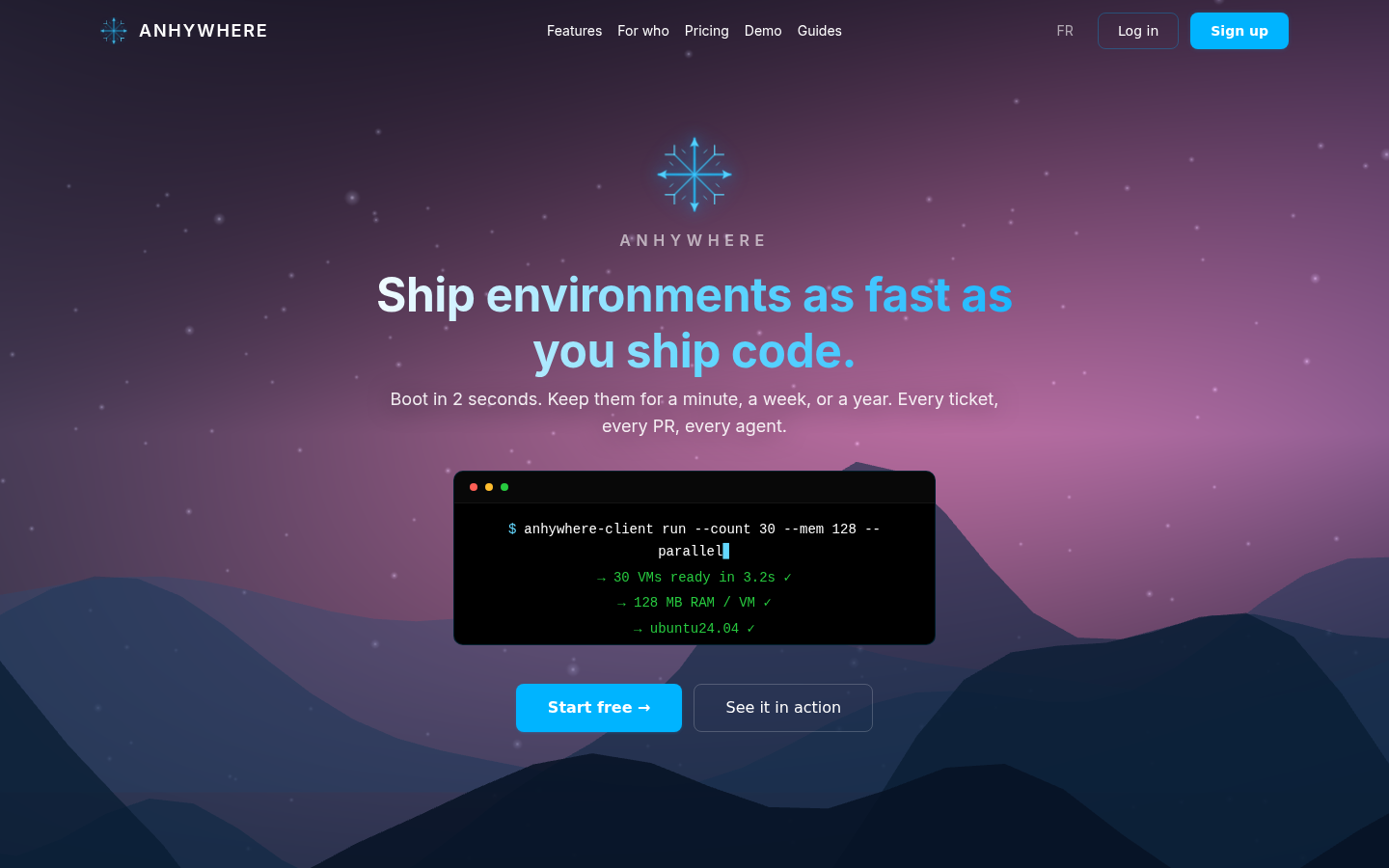 Barre de navigation du site public en anglais : « Features », « For who », « Pricing », « Demo », « Guides », puis le bouton de langue suivi de « Log in » et « Sign up »