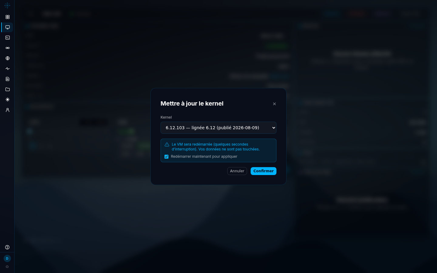 Modale « Mettre à jour le kernel » ouverte sur la fiche d'une VM : liste déroulante Kernel affichant la version 6.12.103 de la lignée 6.12, publiée en août 2026, avertissement de redémarrage et case « Redémarrer maintenant pour appliquer », boutons Annuler et Confirmer