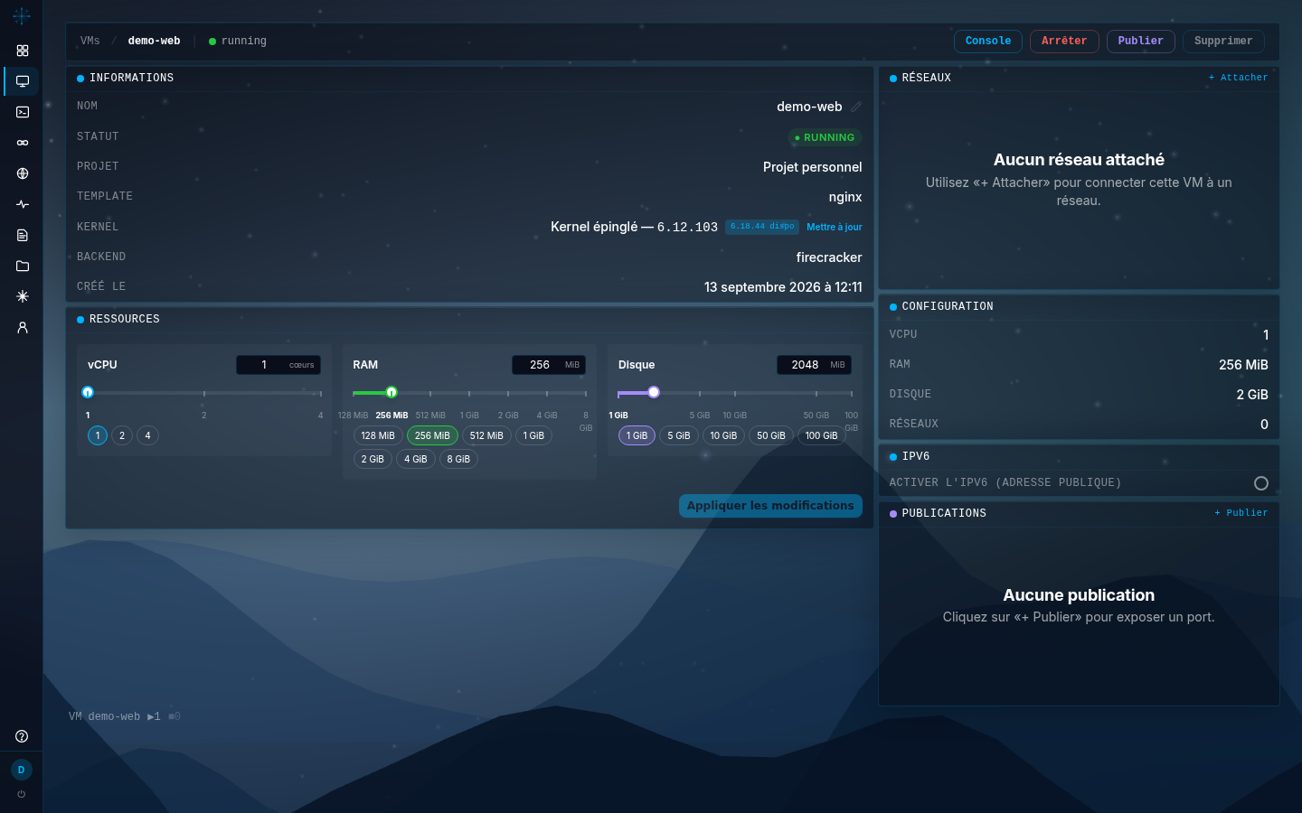 Fiche d'une machine après épinglage : la ligne KERNEL affiche `Kernel épinglé` et la version 6.12.103, avec le bouton « Mettre à jour », et la barre de titre indique l'état en cours d'exécution