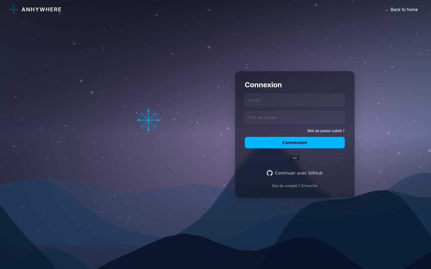 Écran de connexion affiché après la validation du changement de mot de passe, champs Email et Mot de passe vides