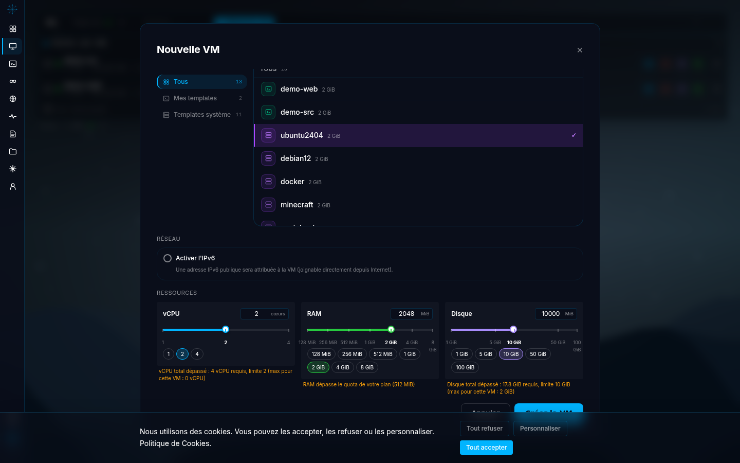 Bas de la modale « Nouvelle VM » sur un compte à son plafond : les trois messages « vCPU total dépassé : 4 vCPU requis, limite 2 (max pour cette VM : 0 vCPU) », « RAM dépasse le quota de votre plan (512 Mo) » et « Disque total dépassé : 17.8 Go requis, limite 10 Go (max pour cette VM : 2 Go) ».