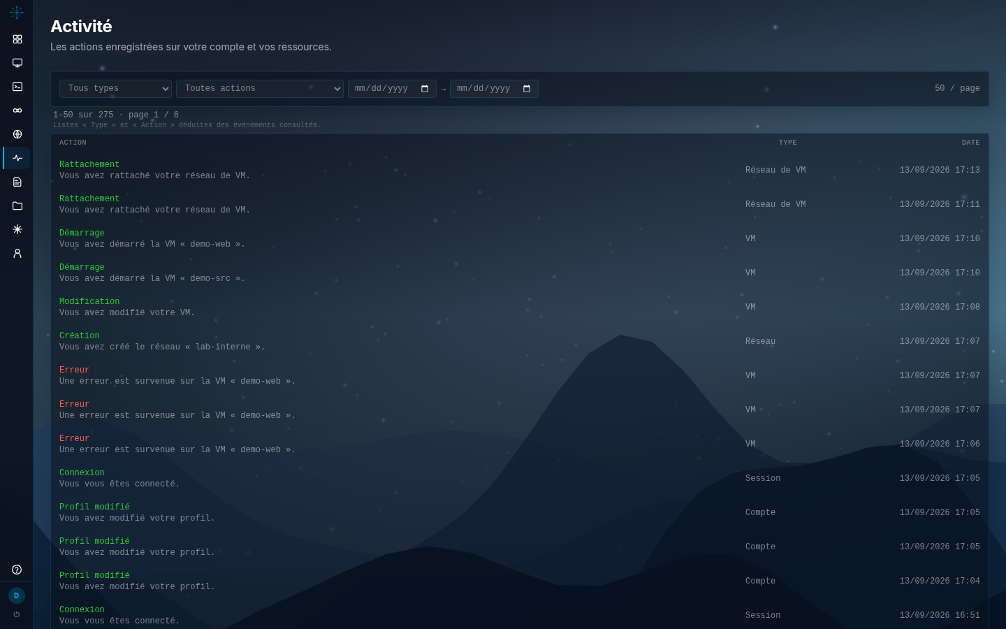 Page Activité : filtres de type et d'action, puis tableau ACTION, TYPE, DATE