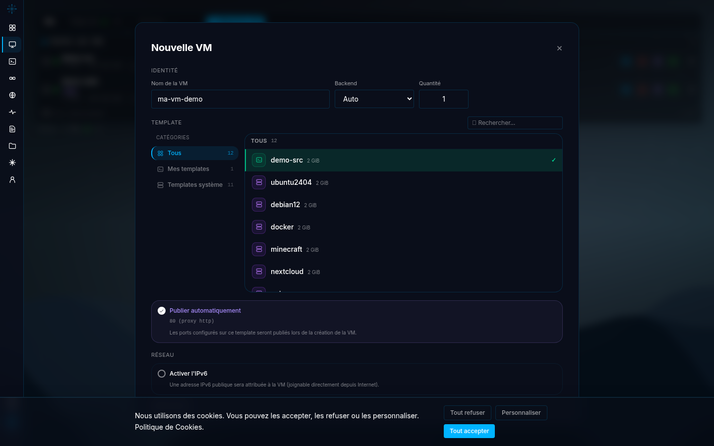 Modale « Nouvelle VM » ouverte sur la page VMs : section Identité (nom, backend, quantité), section Template avec ses trois compteurs de catégories et sa liste où un template est sélectionné, case « Publier automatiquement » portant `80 (proxy http)`, puis le début de la section Réseau