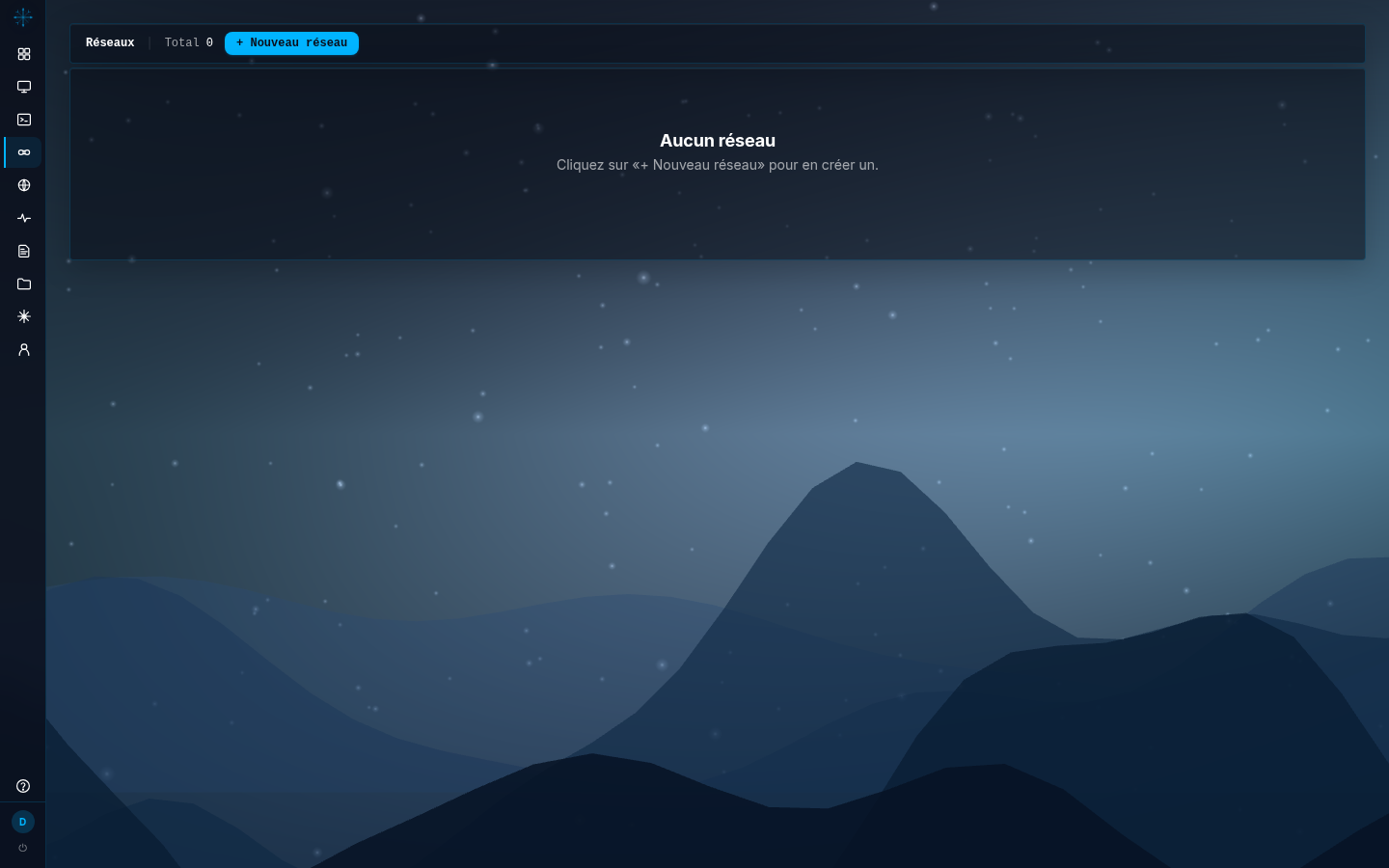 Page Réseaux vide : barre latérale de navigation, titre « Réseaux │ Total 0 », bouton « + Nouveau réseau » à droite, encart « Aucun réseau » au centre avec l'instruction « Cliquez sur «+ Nouveau réseau» pour en créer un. »