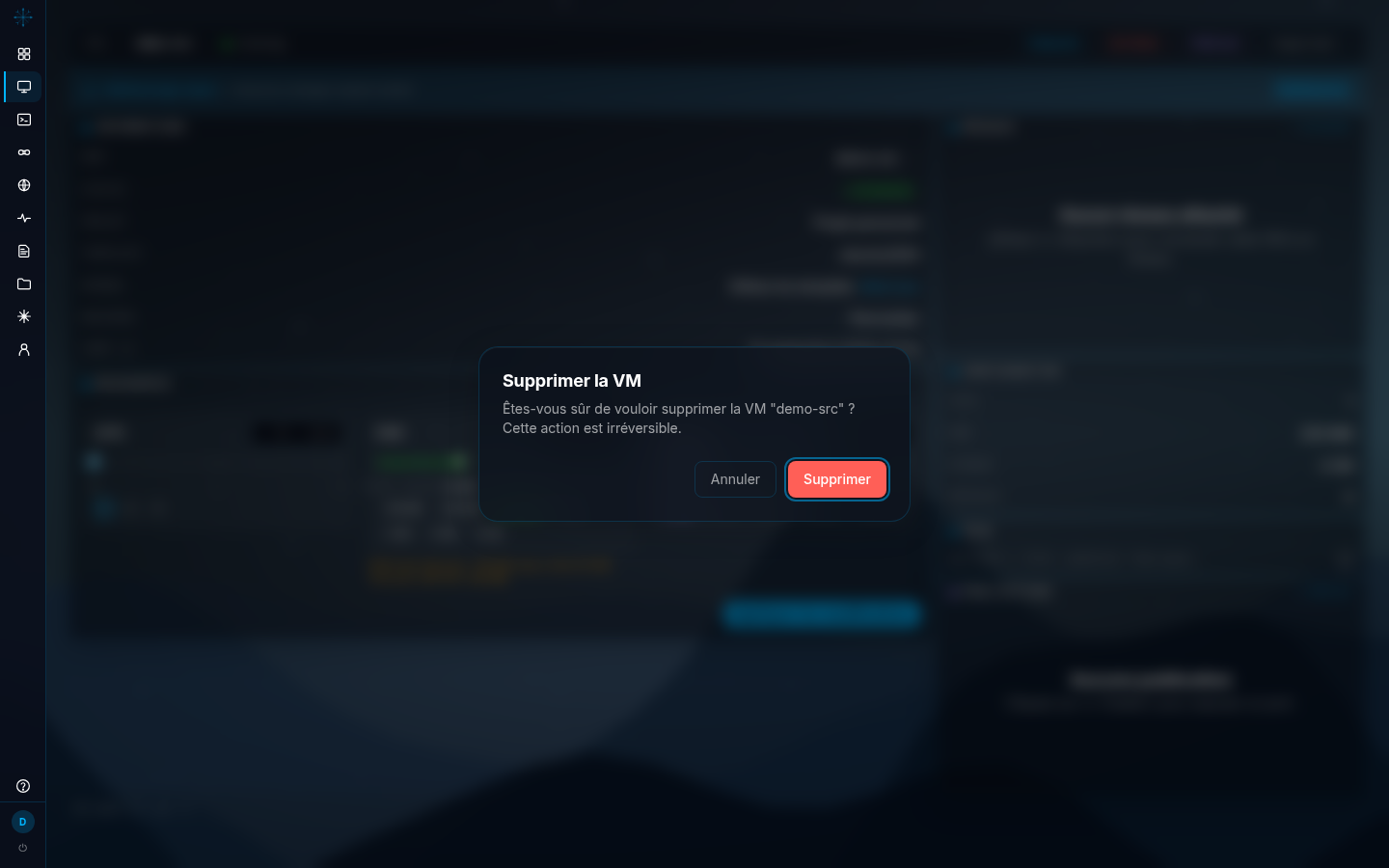 Modale de confirmation sur la fiche d'une machine : titre « Supprimer la VM », phrase d'avertissement citant le nom de la machine, boutons Annuler et Supprimer