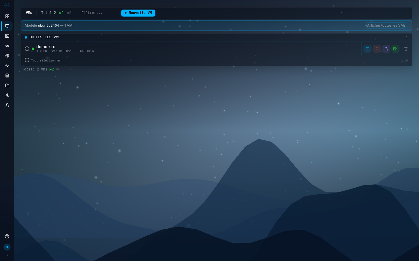 Liste des VMs filtrée par le paramètre template=ubuntu2404, avec le bandeau de filtre