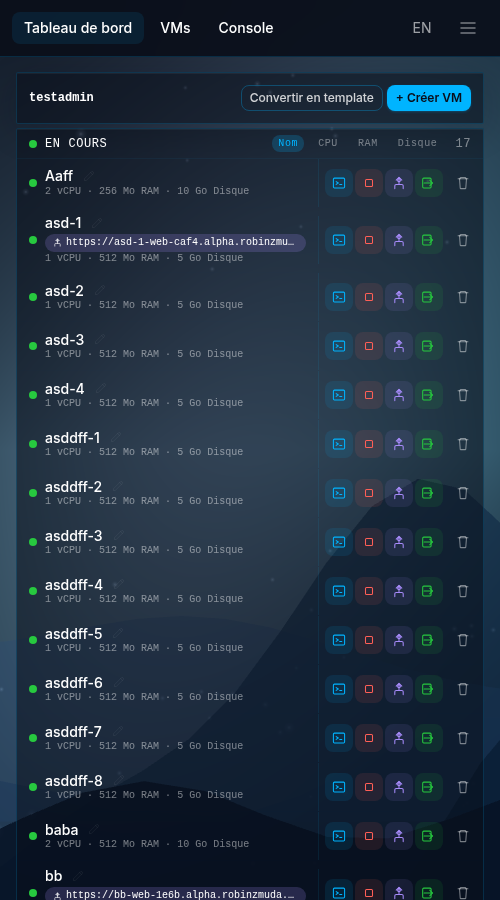 Tableau de bord sur un écran étroit : la barre de statut ne porte que le nom du compte et les deux boutons « Convertir en template » et « + Créer VM », au-dessus du panneau En cours et de sa liste de machines