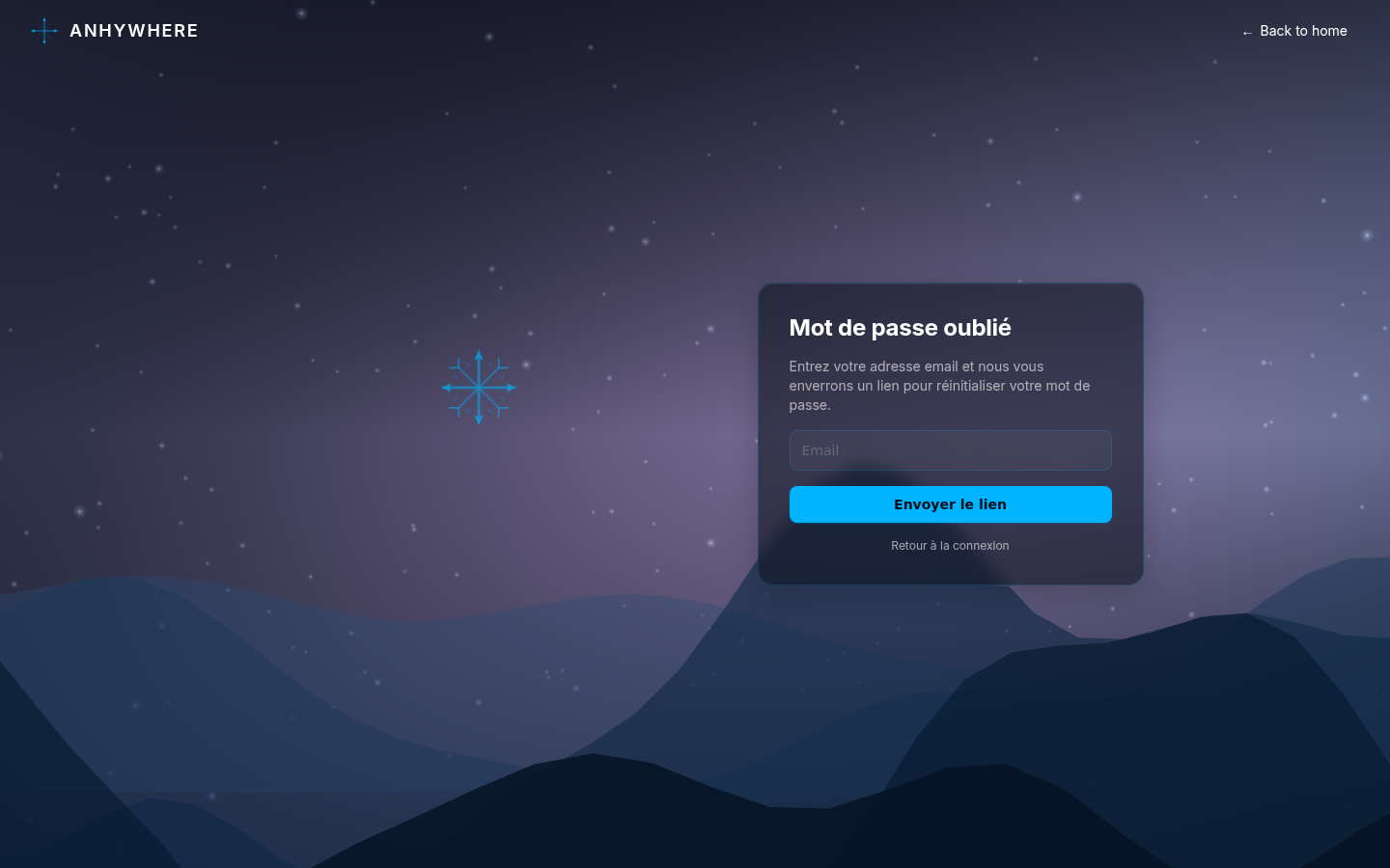 Page « Mot de passe oublié » : texte d'introduction, un champ Email, le bouton « Envoyer le lien » et le lien « Retour à la connexion »
