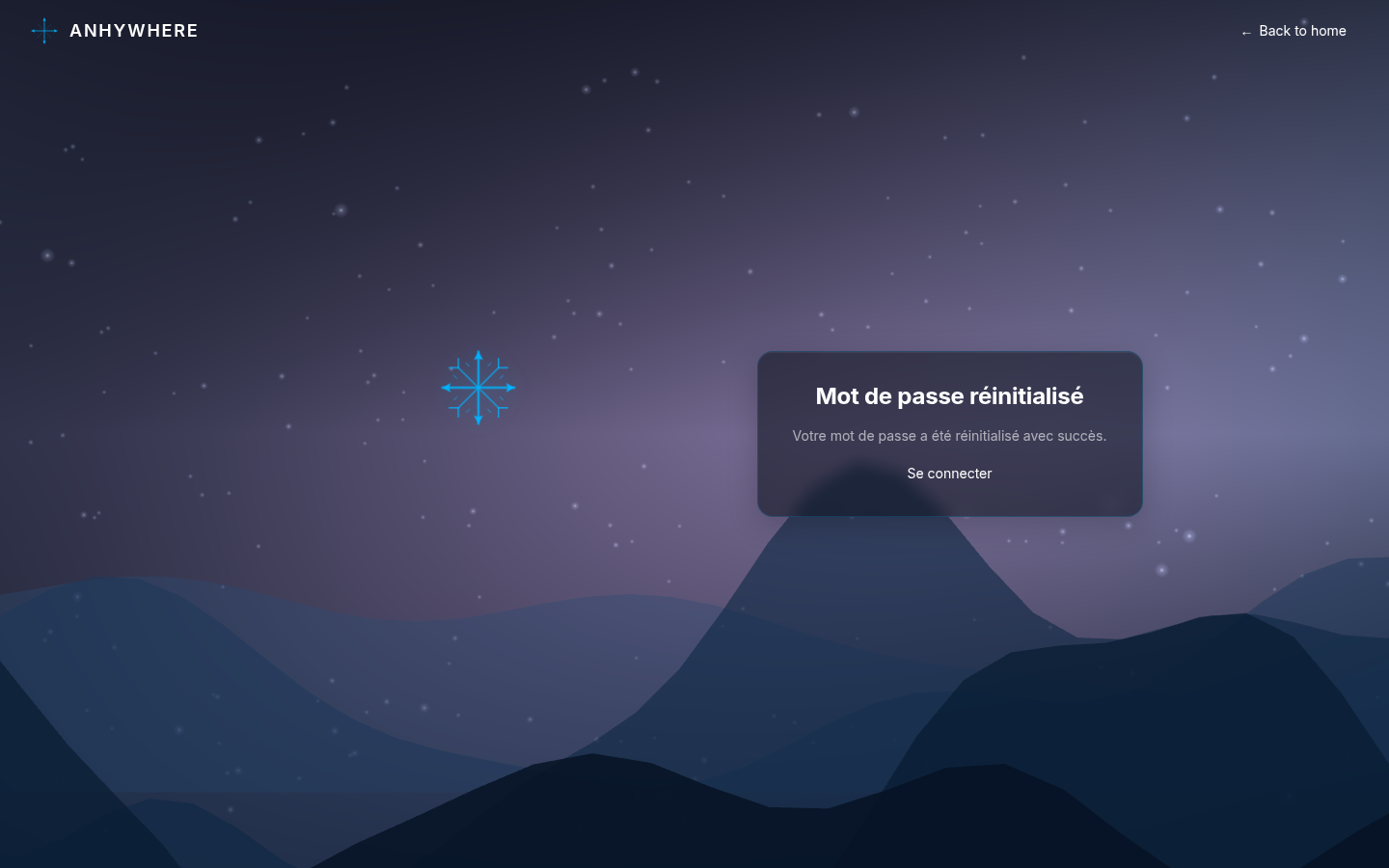 Écran de succès « Mot de passe réinitialisé » avec la phrase « Votre mot de passe a été réinitialisé avec succès. » et un lien « Se connecter »