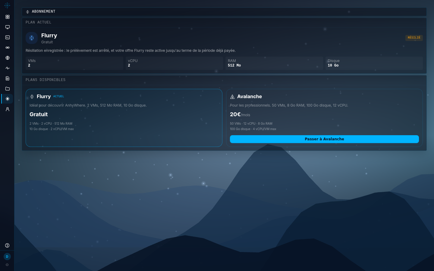 Page Abonnement sur l'offre gratuite : Plan actuel Flurry Gratuit avec la mention ACTIF et quatre compteurs (VMs 2, vCPU 2, RAM 512 Mo, Disque 10 Go), puis les deux cartes d'offres avec le bouton « Passer à Avalanche » seul