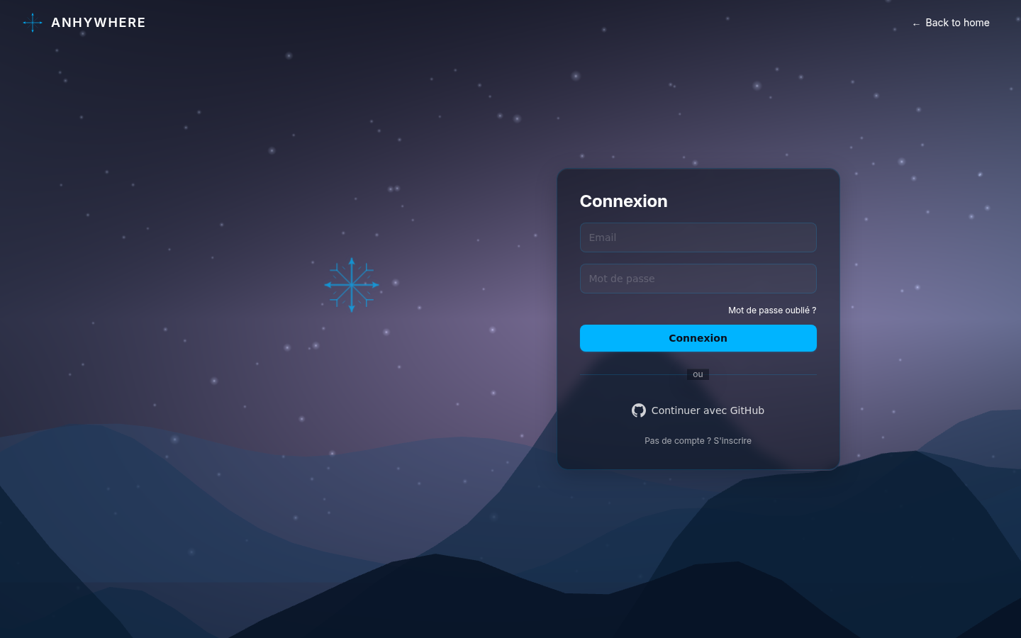 Écran de connexion : carte « Connexion » avec les champs Email et Mot de passe, le lien « Mot de passe oublié ? », le bouton « Connexion » et le lien « S'inscrire », sur le fond animé de la vitrine